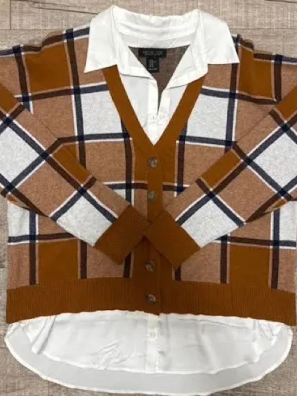 Rachel Zoe Brown and White Plaid V-Neck Button Cardigan